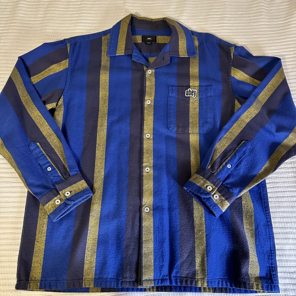 Obey Blue and Gold Striped Shirt Jacket